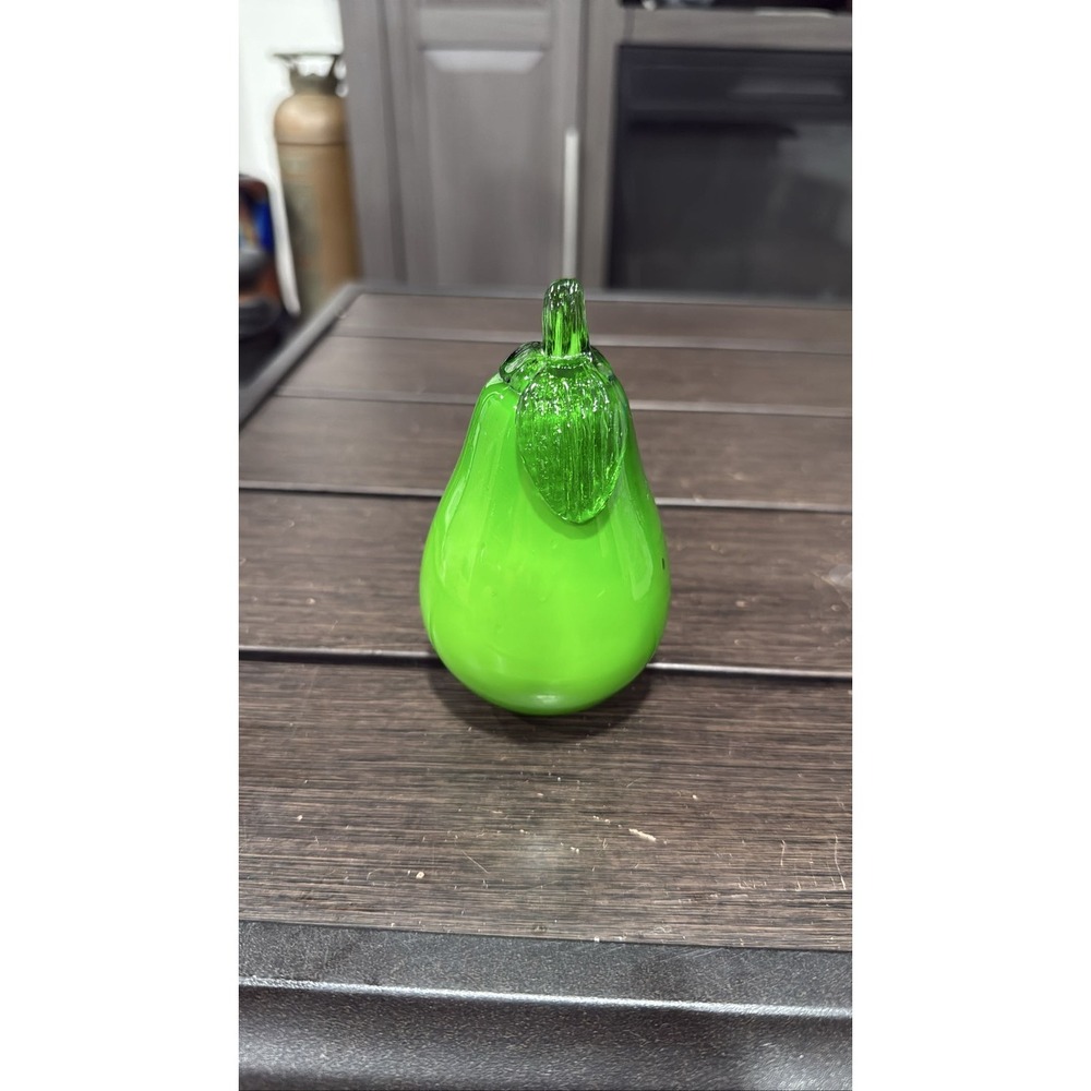 Vtg Murano‎ Style Hand Blown Art Glass Green Pear Fruit Paperweight 5"